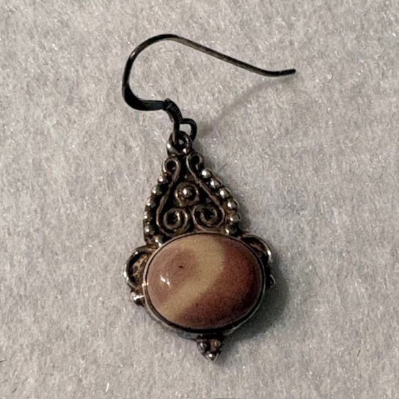 Vintage Intricate Sterling Silver Scroll French Hook Oval Jasper Dangle Earrings - Picture 4 of 7